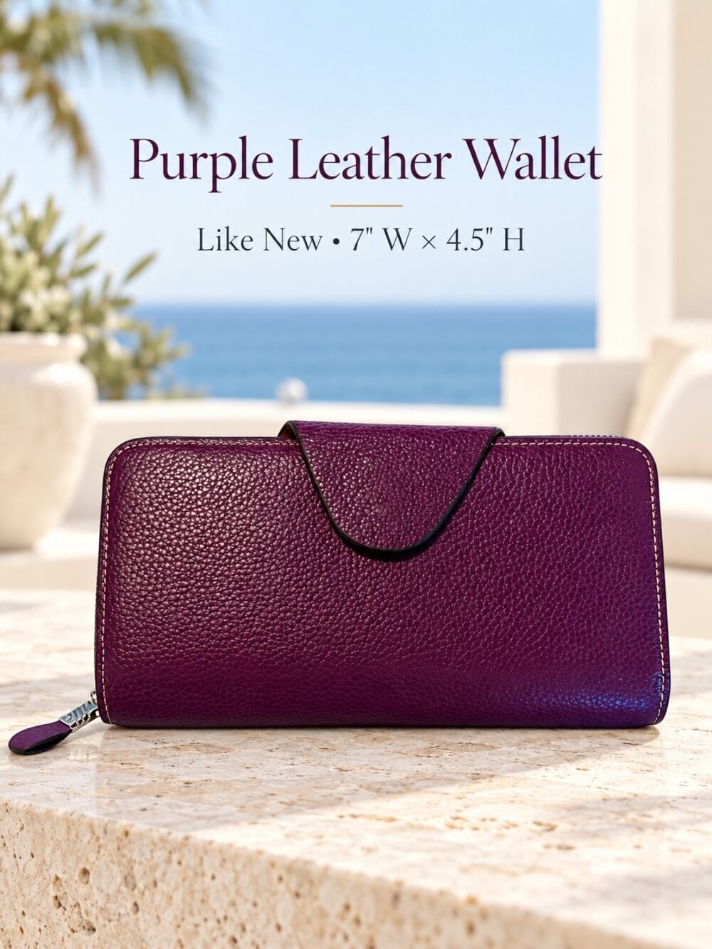 Purple Genuine Leather Zip Around Wallet Organizer